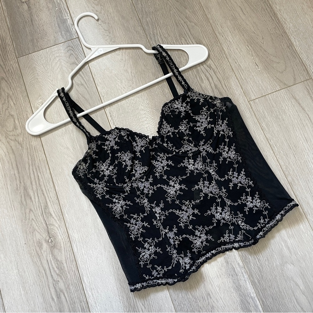 Vintage Embroidered Corset floral boned sheer womens Black (size 36a) whimsigoth
